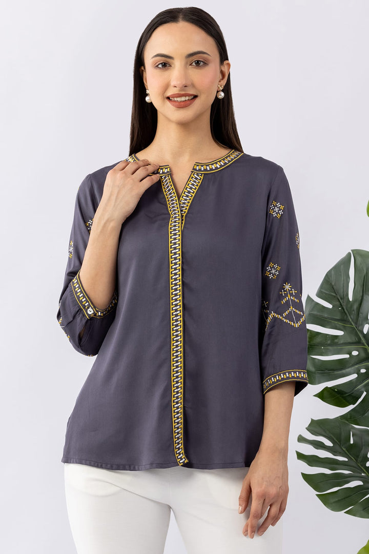 Embroidered Grey Viscose Shirt with Round Neck &amp; 3/4 Sleeves