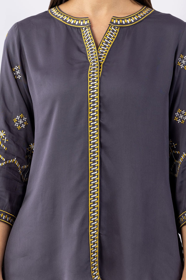 Embroidered Grey Viscose Shirt with Round Neck &amp; 3/4 Sleeves