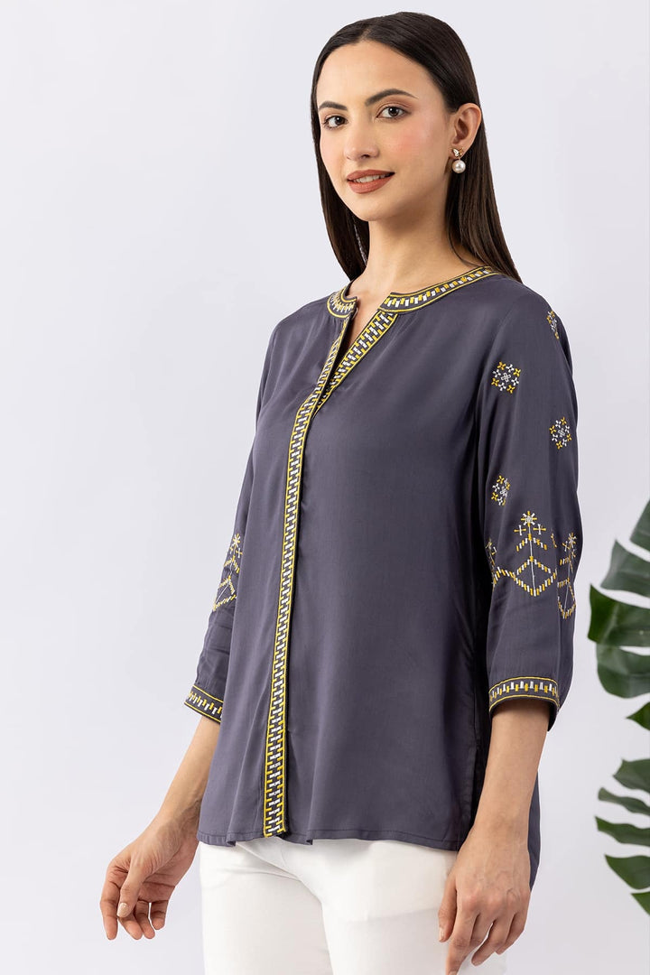 Embroidered Grey Viscose Shirt with Round Neck &amp; 3/4 Sleeves