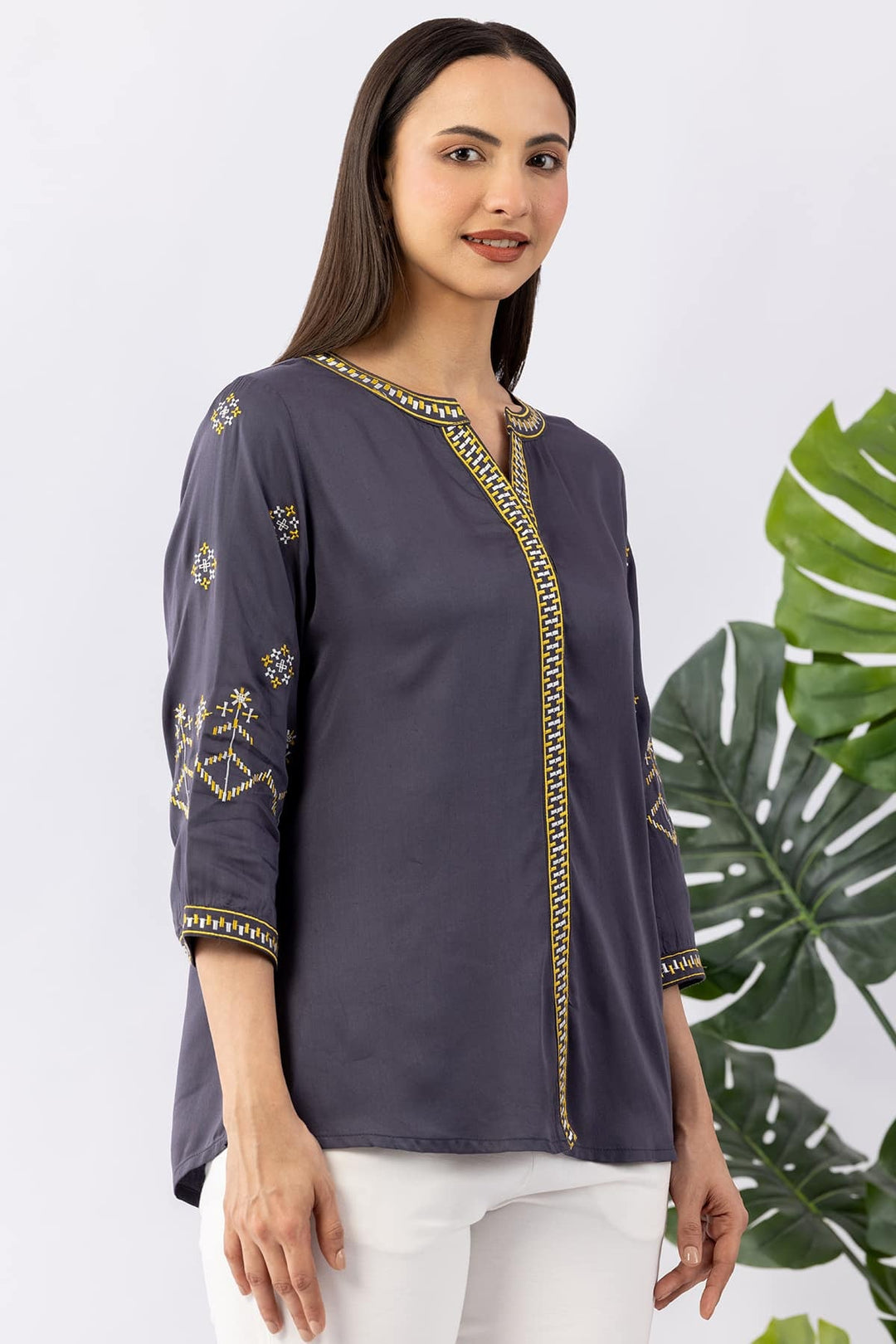 Embroidered Grey Viscose Shirt with Round Neck &amp; 3/4 Sleeves