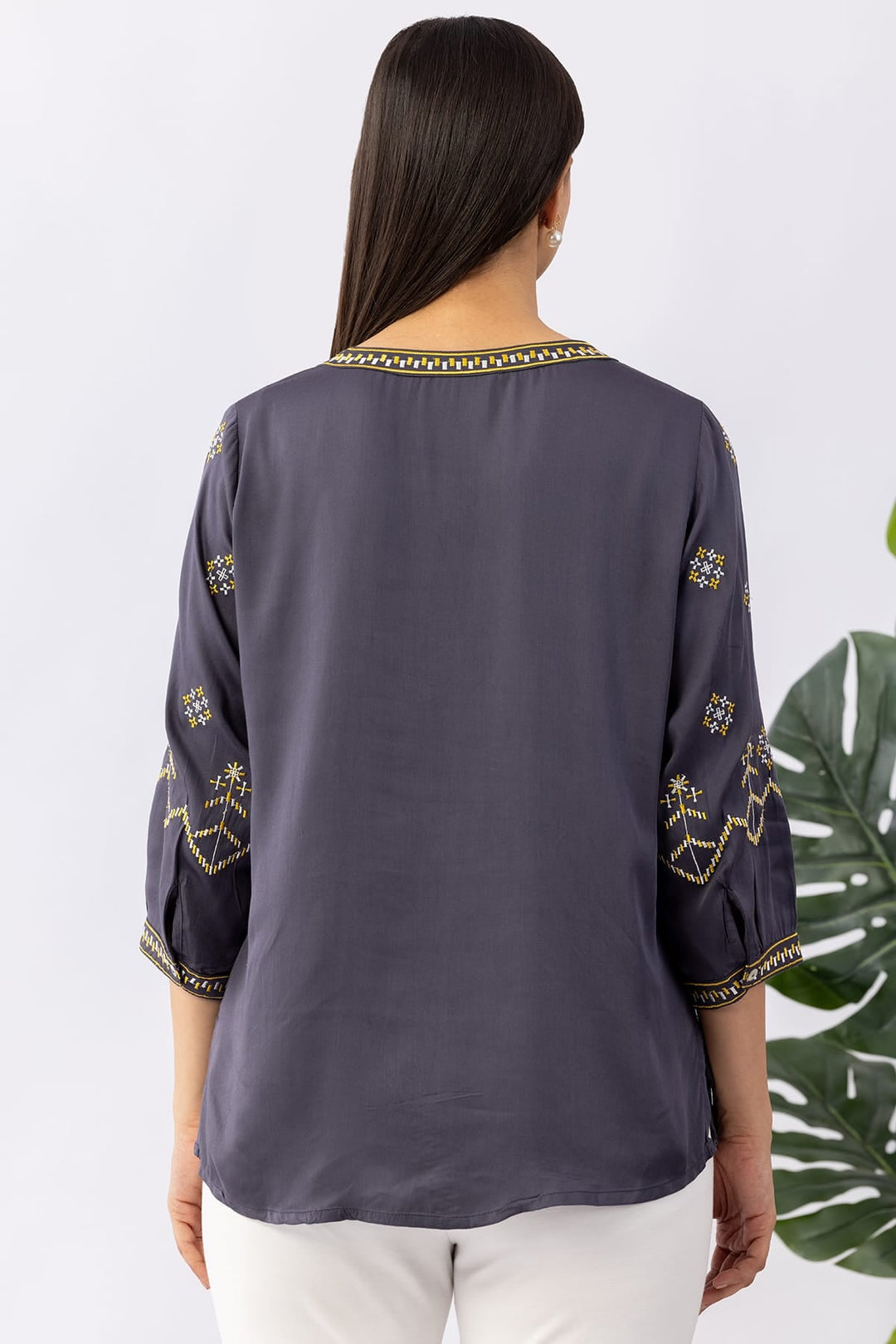 Embroidered Grey Viscose Shirt with Round Neck &amp; 3/4 Sleeves
