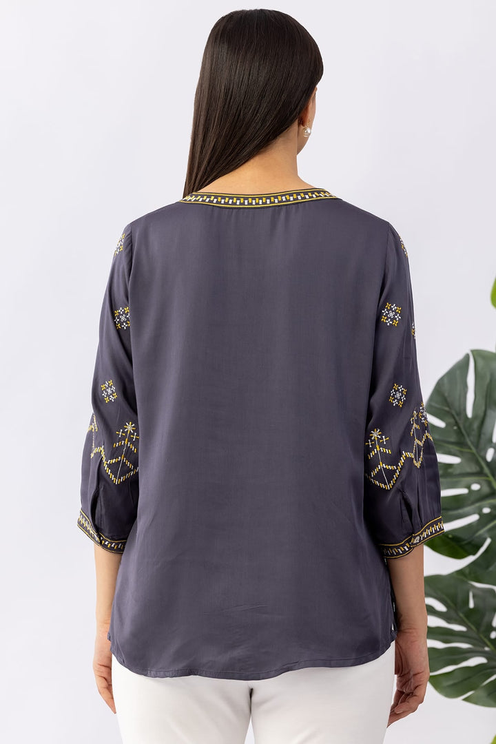 Embroidered Grey Viscose Shirt with Round Neck &amp; 3/4 Sleeves