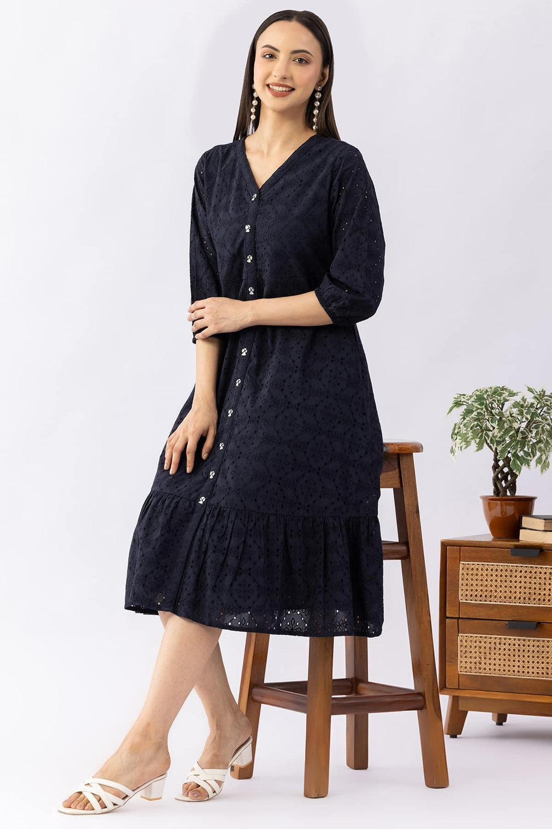 Navy Blue Schiffli Cotton Dress with V-Neck &amp; 3/4 Sleeves