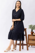 Navy Blue Schiffli Cotton Dress with V-Neck & 3/4 Sleeves