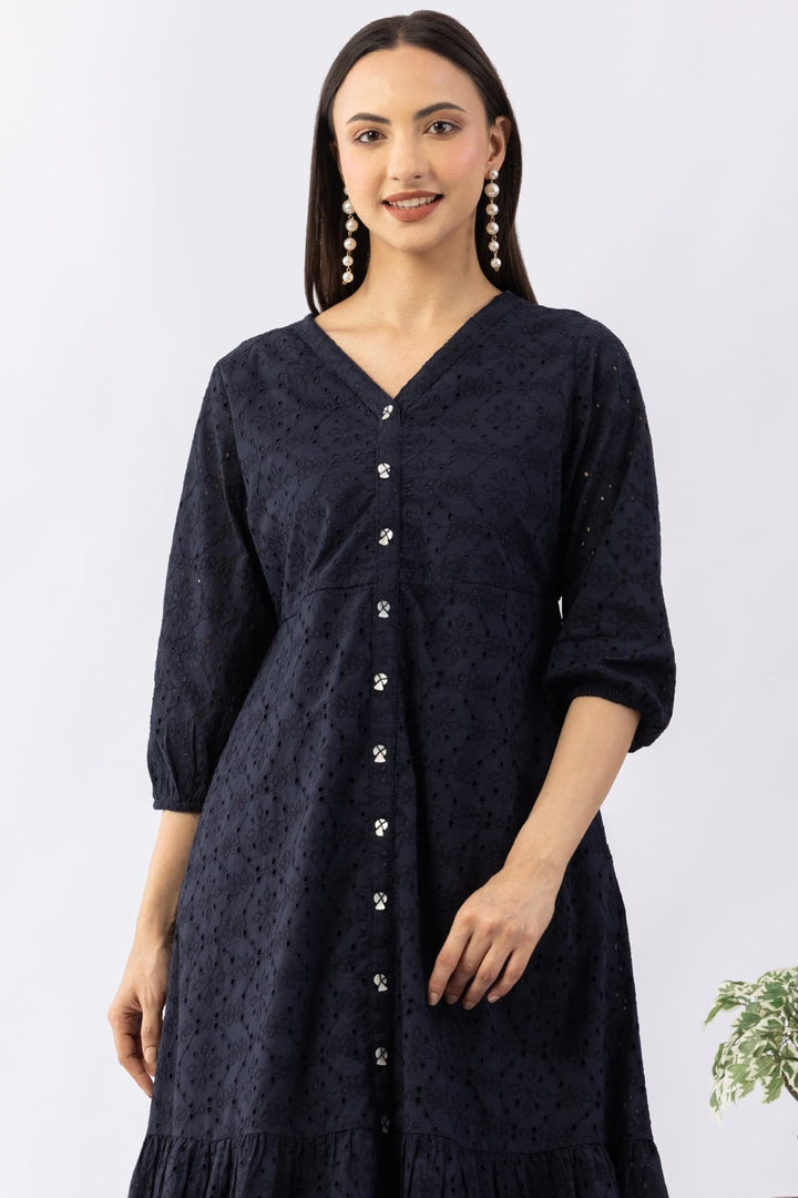 Navy Blue Schiffli Cotton Dress with V-Neck &amp; 3/4 Sleeves