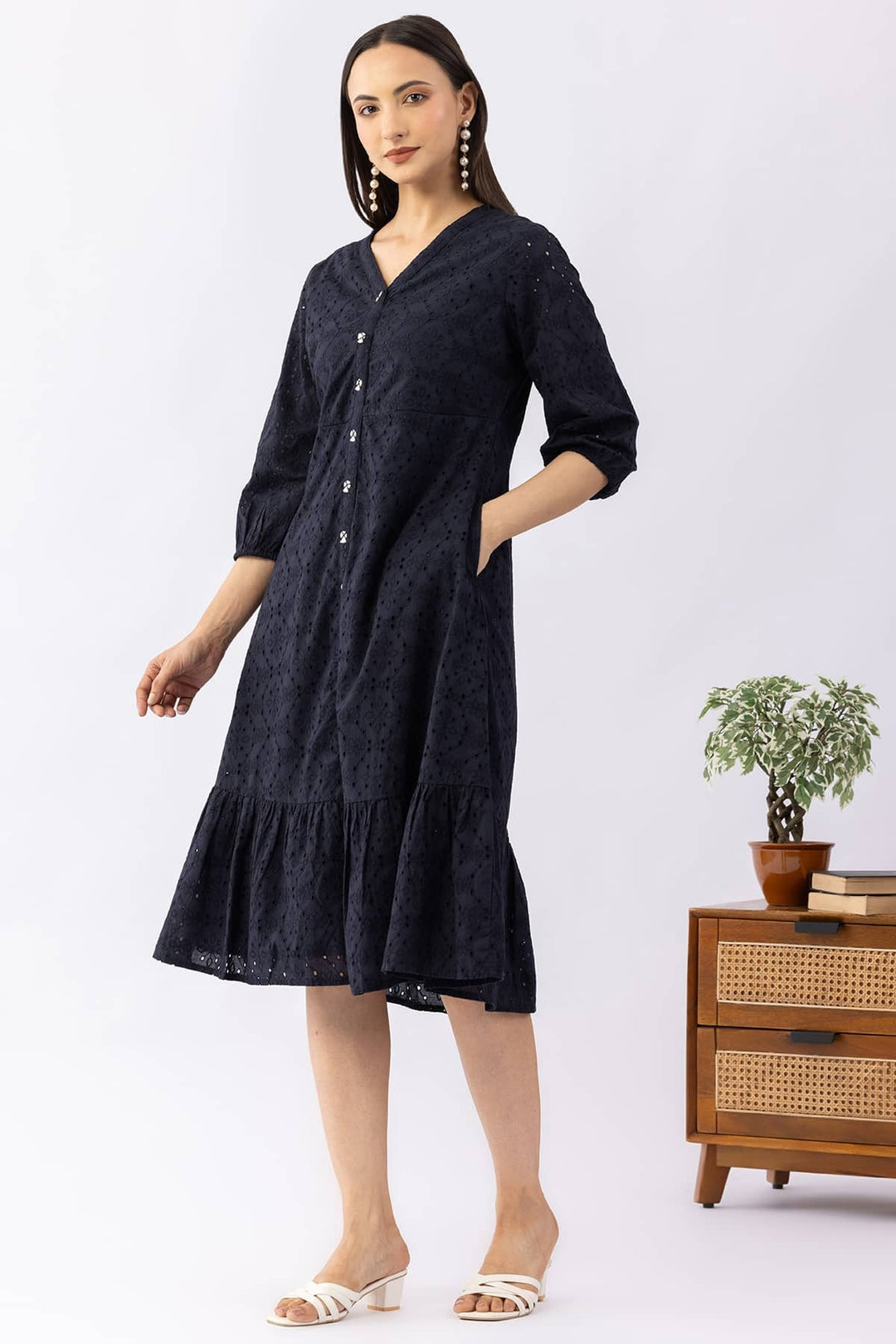 Navy Blue Schiffli Cotton Dress with V-Neck &amp; 3/4 Sleeves