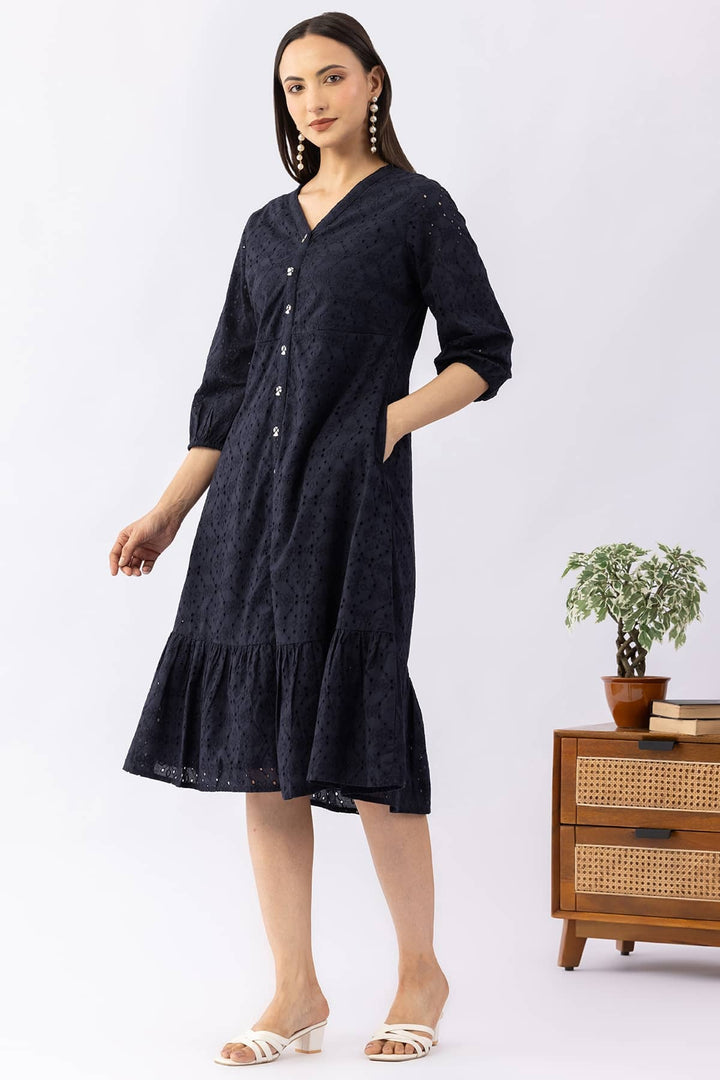 Navy Blue Schiffli Cotton Dress with V-Neck &amp; 3/4 Sleeves