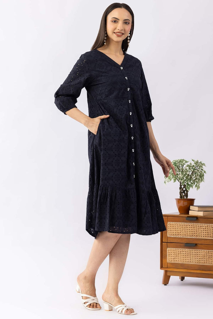 Navy Blue Schiffli Cotton Dress with V-Neck &amp; 3/4 Sleeves