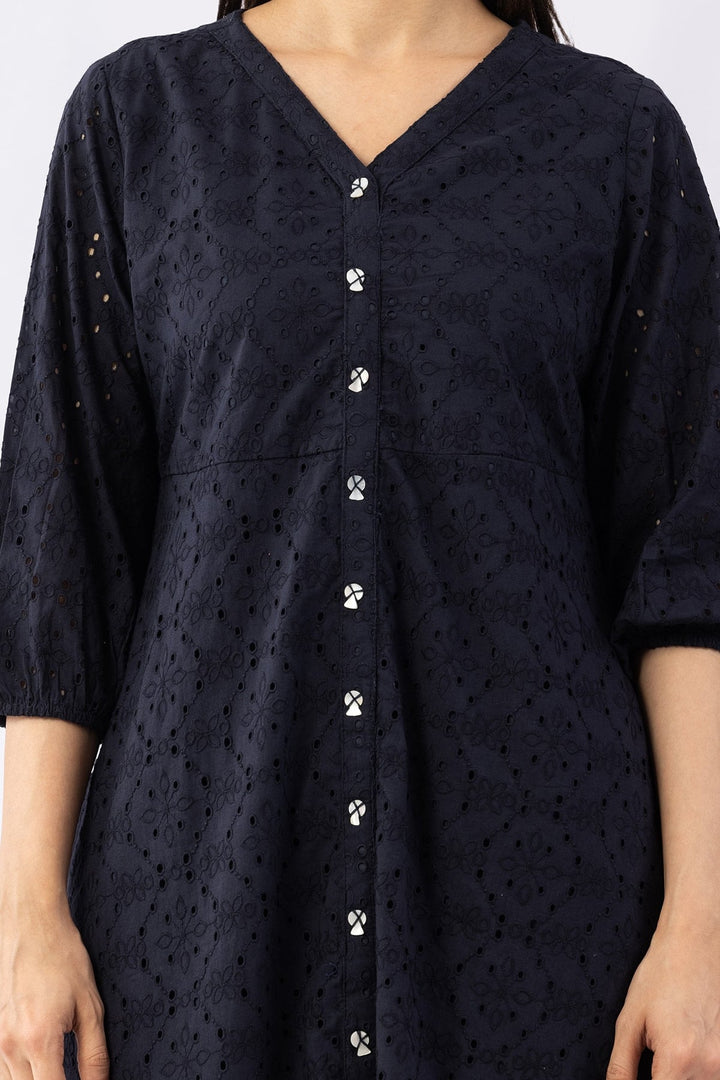 Navy Blue Schiffli Cotton Dress with V-Neck &amp; 3/4 Sleeves