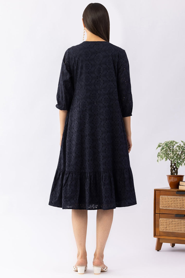 Navy Blue Schiffli Cotton Dress with V-Neck &amp; 3/4 Sleeves