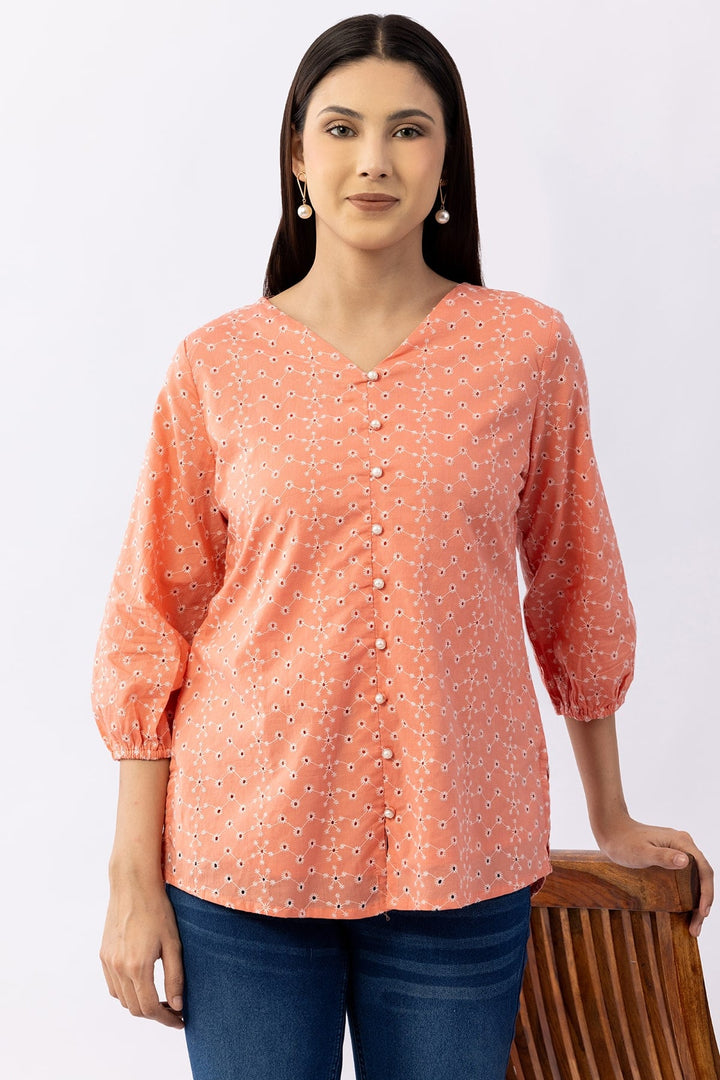 Pink Schiffli Cotton Top with V-Neck &amp; 3/4 Sleeves