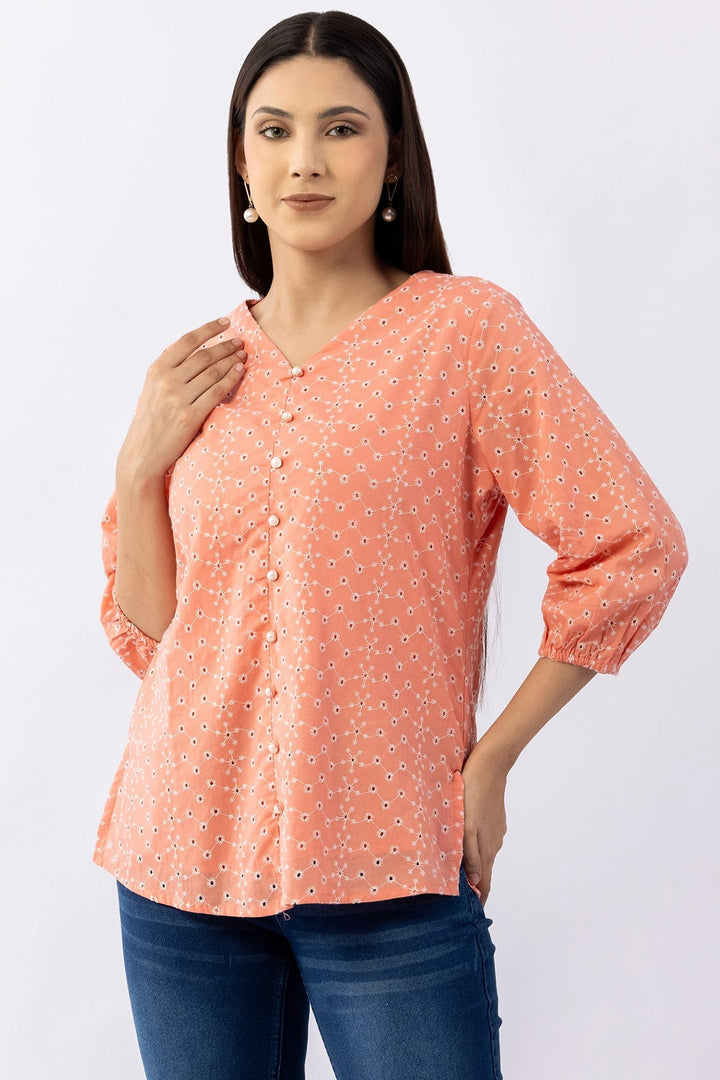 Pink Schiffli Cotton Top with V-Neck &amp; 3/4 Sleeves