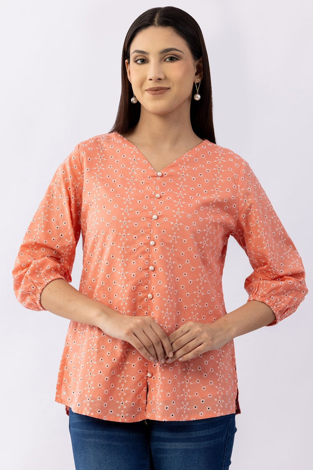 Pink Schiffli Cotton Top with V-Neck &amp; 3/4 Sleeves