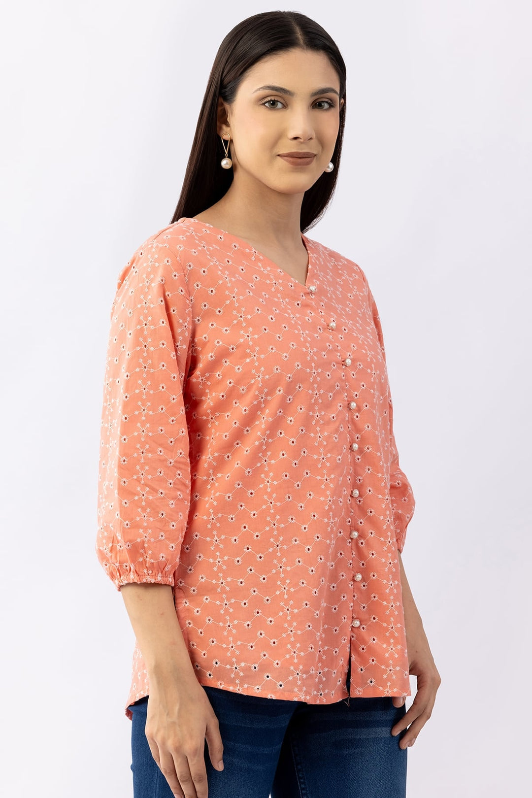 Pink Schiffli Cotton Top with V-Neck &amp; 3/4 Sleeves