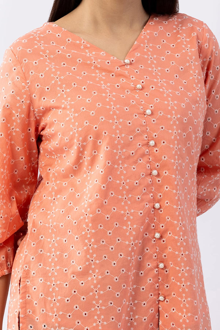 Pink Schiffli Cotton Top with V-Neck &amp; 3/4 Sleeves