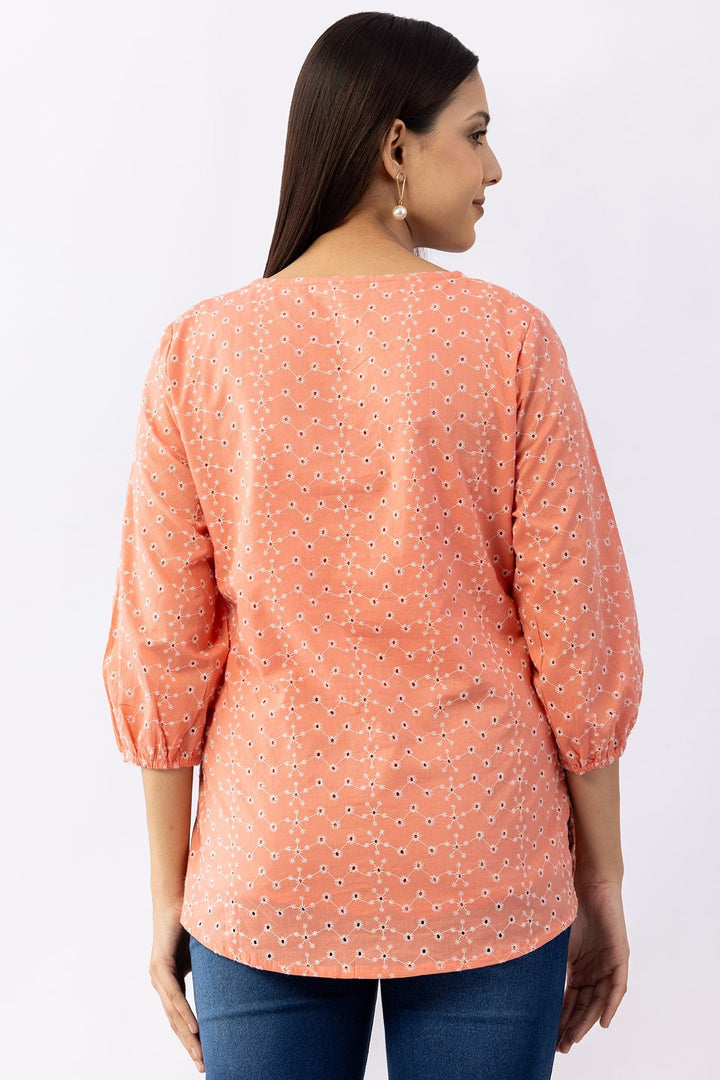 Pink Schiffli Cotton Top with V-Neck &amp; 3/4 Sleeves