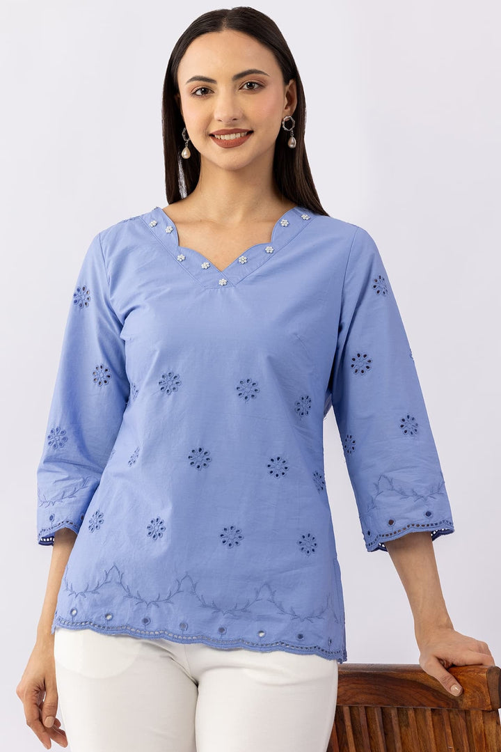 Blue Schiffli Viscose Cotton Top with V-Neck &amp; 3/4 Sleeves
