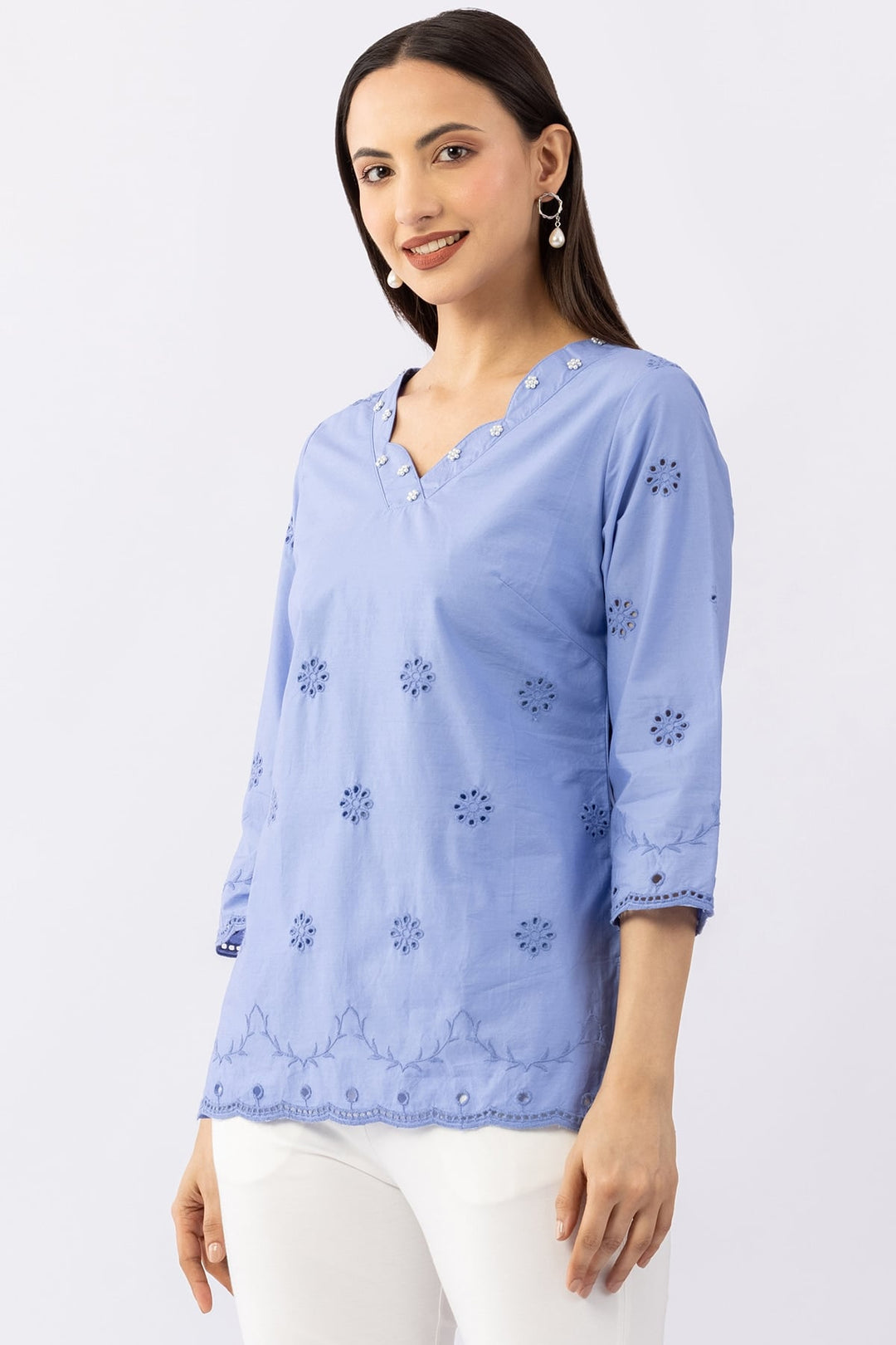 Blue Schiffli Viscose Cotton Top with V-Neck &amp; 3/4 Sleeves