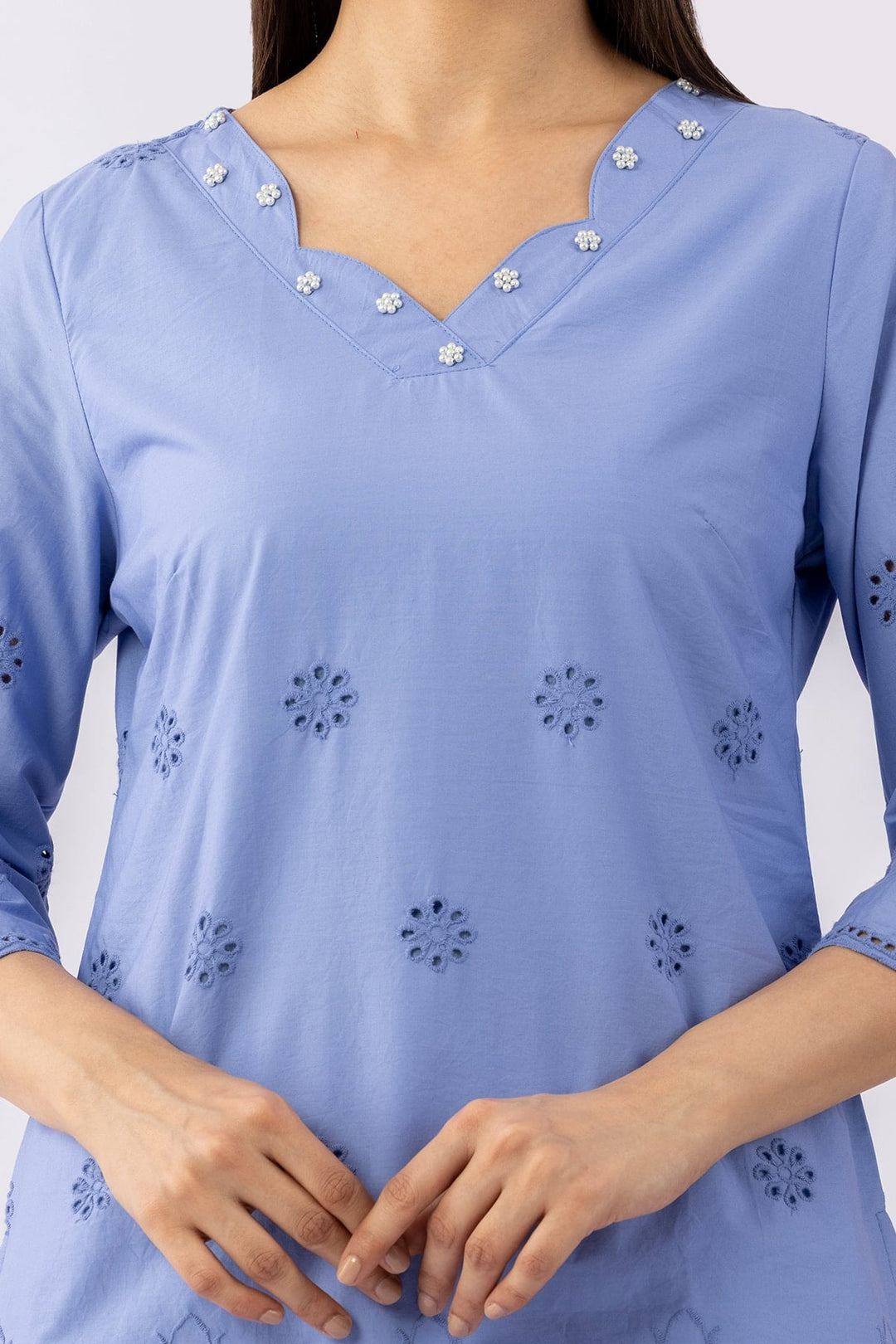 Blue Schiffli Viscose Cotton Top with V-Neck &amp; 3/4 Sleeves