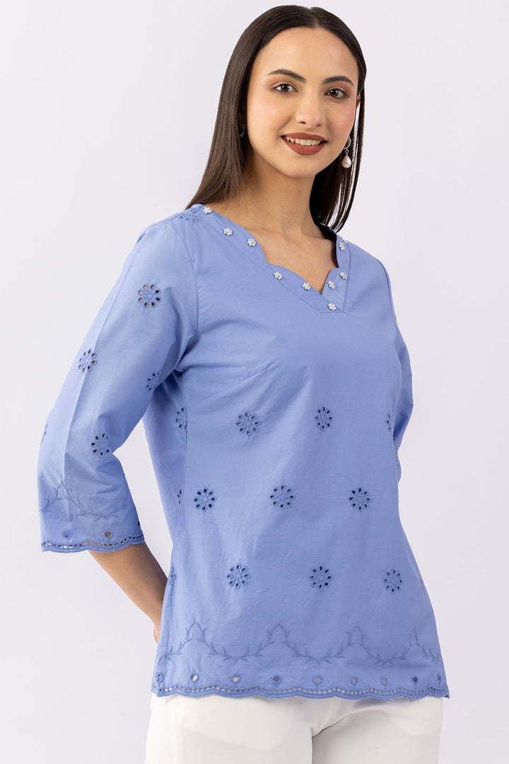 Blue Schiffli Viscose Cotton Top with V-Neck &amp; 3/4 Sleeves
