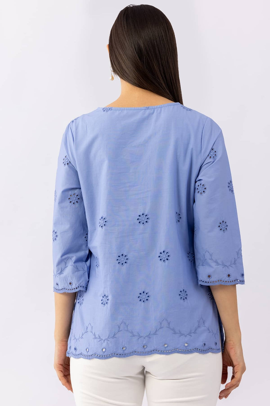 Blue Schiffli Viscose Cotton Top with V-Neck &amp; 3/4 Sleeves