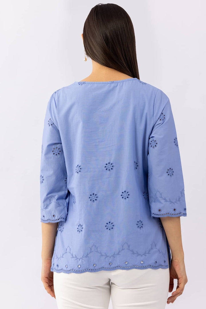 Blue Schiffli Viscose Cotton Top with V-Neck &amp; 3/4 Sleeves