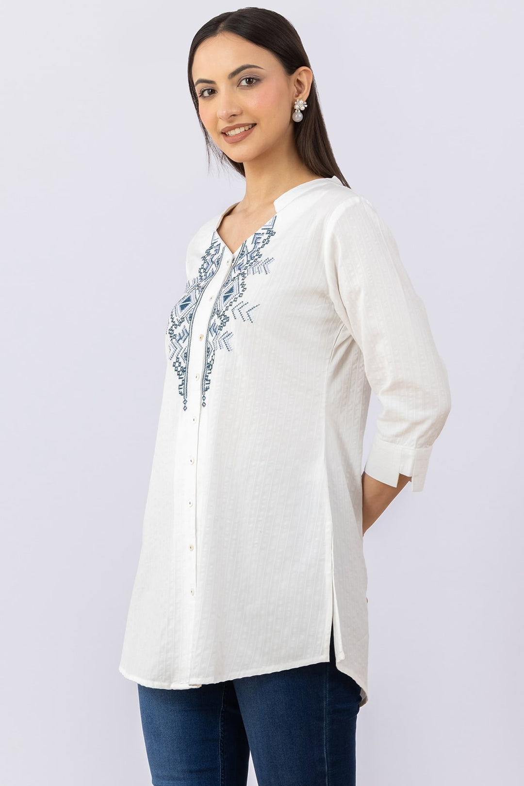White Embroidered Viscose Dobby Tunic with V Neck &amp; 3/4 Sleeves