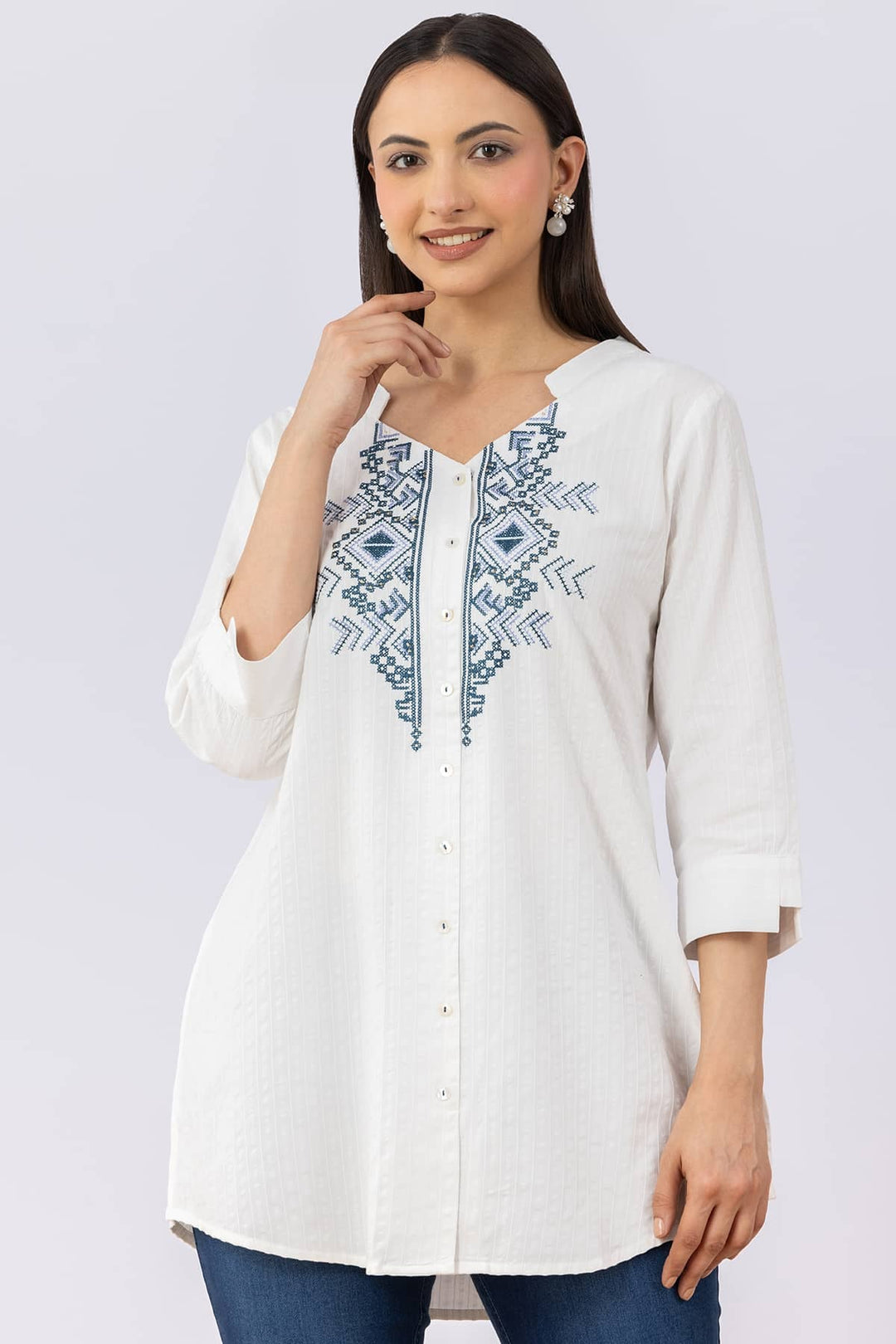 White Embroidered Viscose Dobby Tunic with V Neck &amp; 3/4 Sleeves