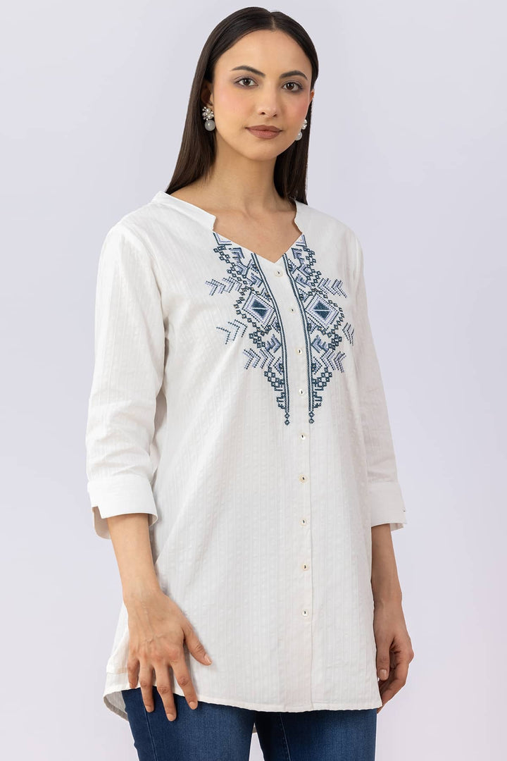 White Embroidered Viscose Dobby Tunic with V Neck &amp; 3/4 Sleeves
