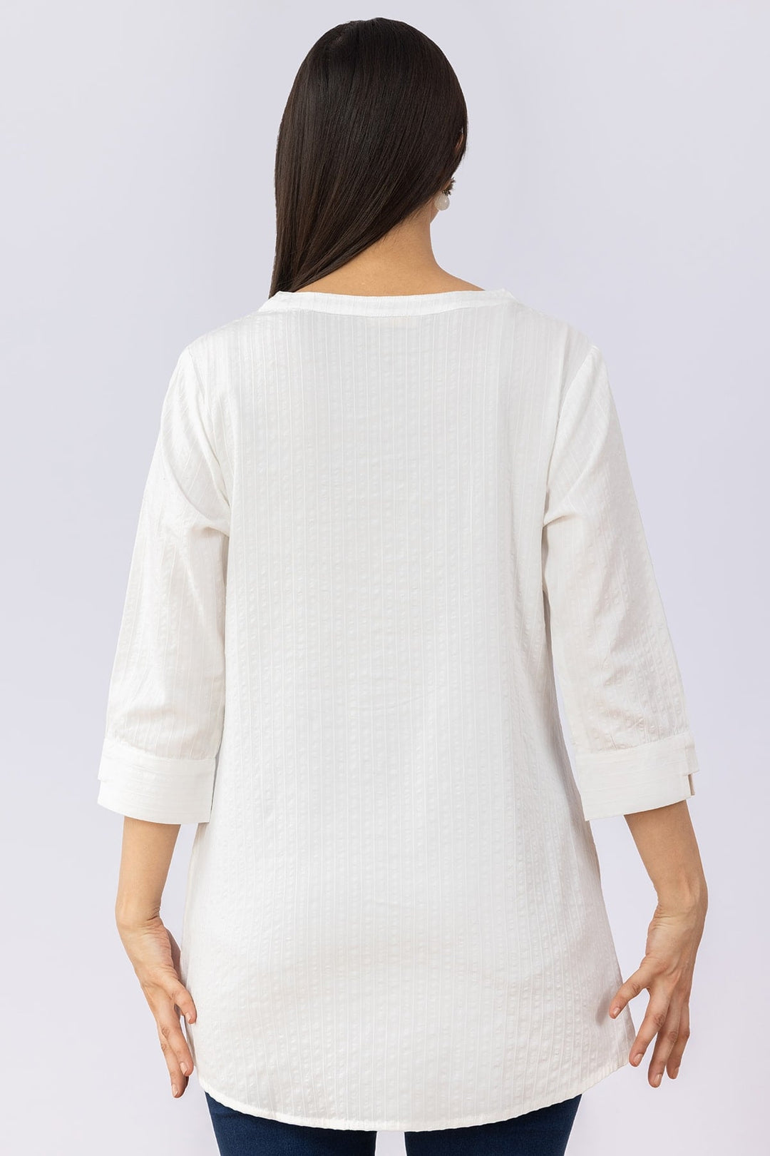 White Embroidered Viscose Dobby Tunic with V Neck &amp; 3/4 Sleeves