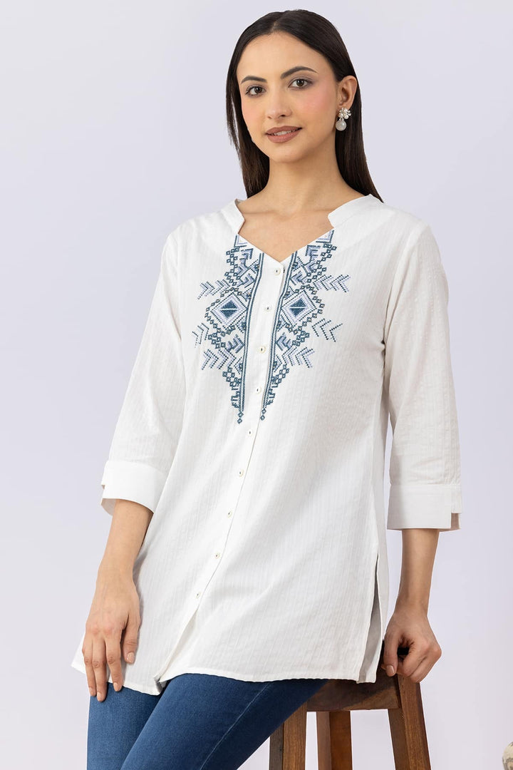 White Embroidered Viscose Dobby Tunic with V Neck &amp; 3/4 Sleeves
