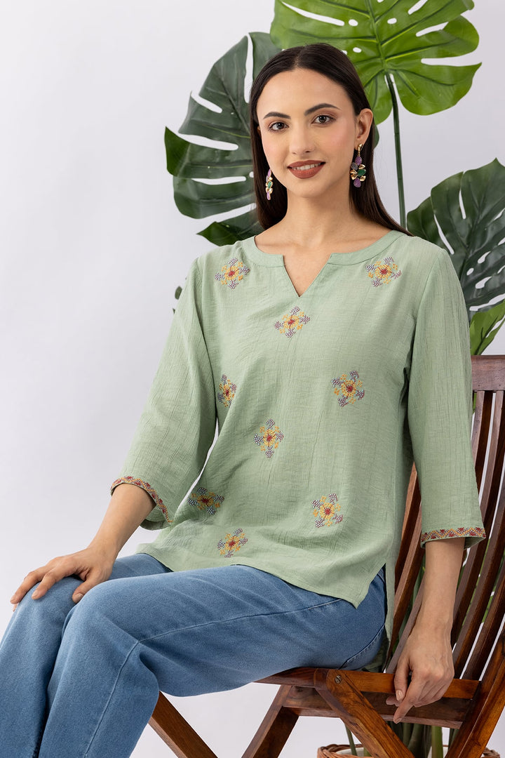 Pista Green Embroidered Top with Round Neck &amp; 3/4 Sleeves
