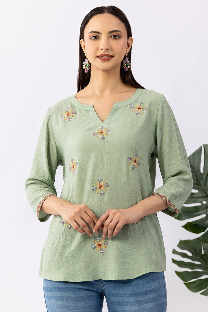 Pista Green Embroidered Top with Round Neck &amp; 3/4 Sleeves