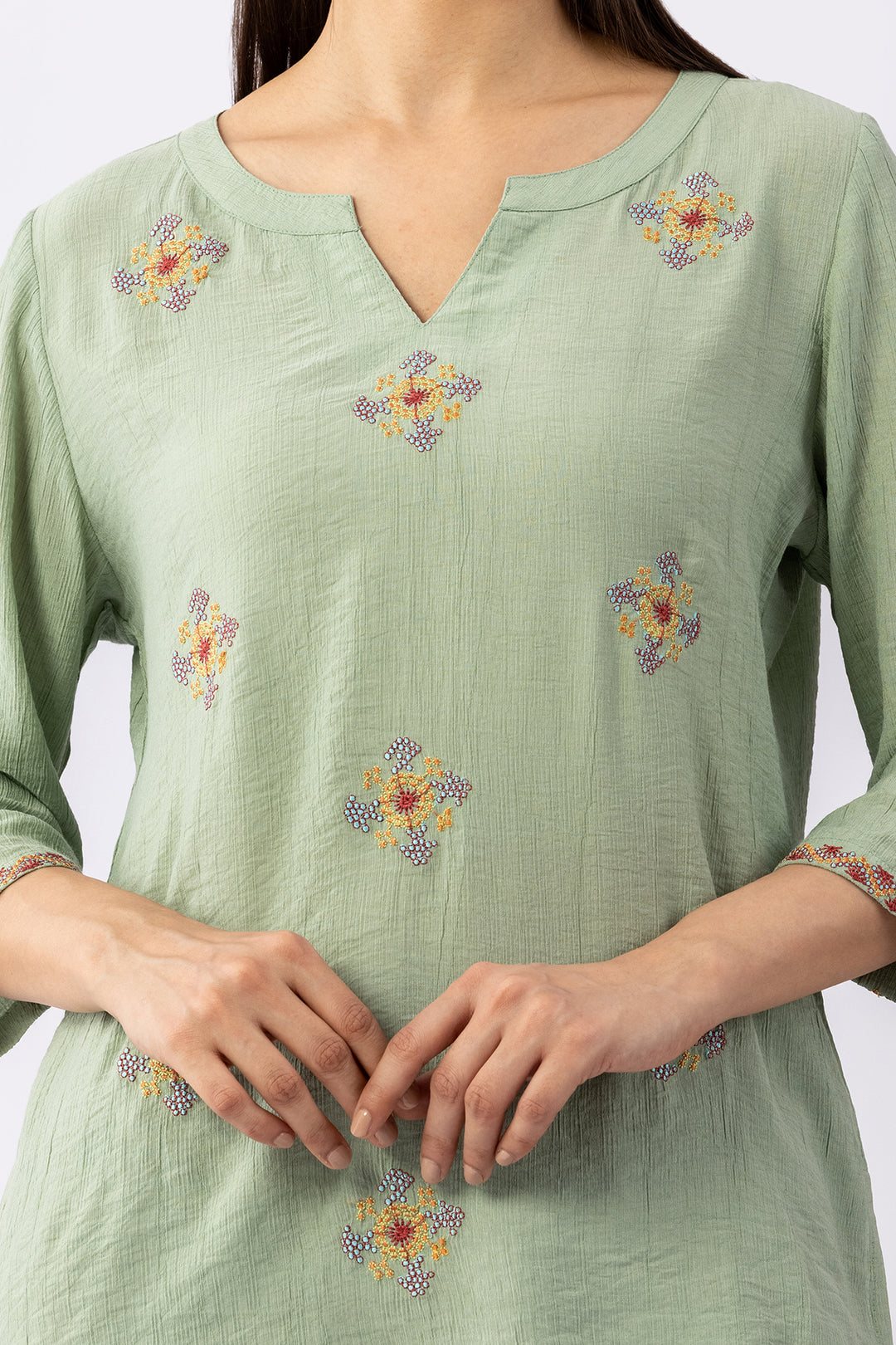Pista Green Embroidered Top with Round Neck &amp; 3/4 Sleeves