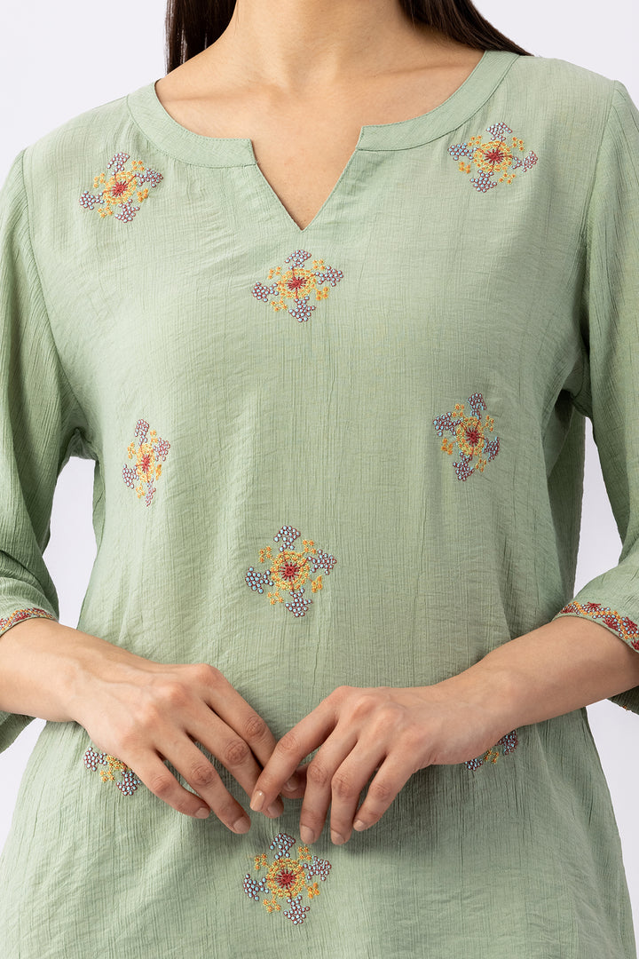 Pista Green Embroidered Top with Round Neck &amp; 3/4 Sleeves