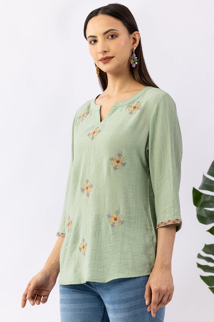 Pista Green Embroidered Top with Round Neck &amp; 3/4 Sleeves