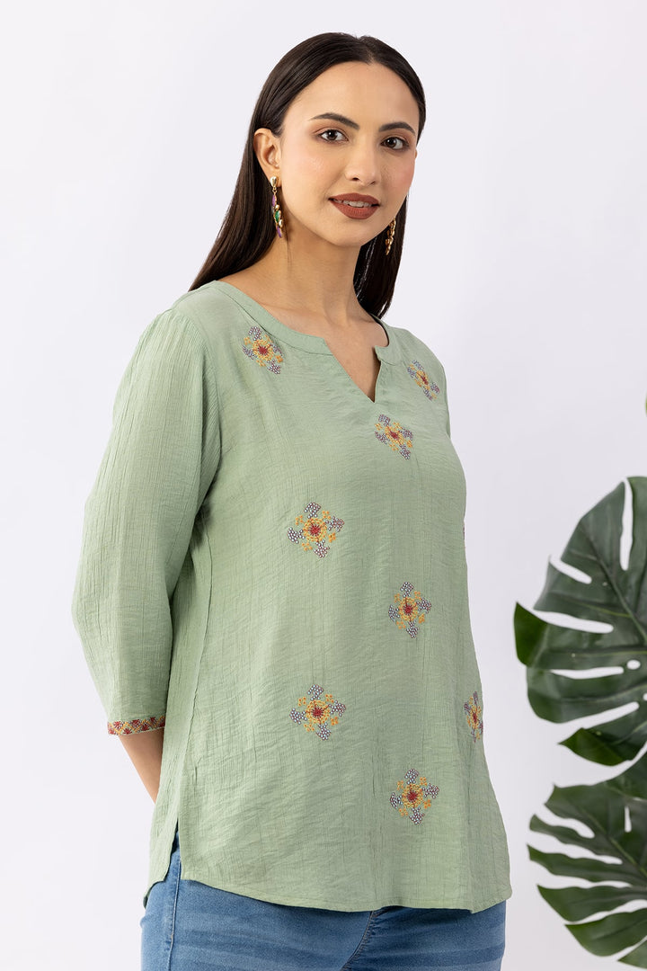 Pista Green Embroidered Top with Round Neck &amp; 3/4 Sleeves