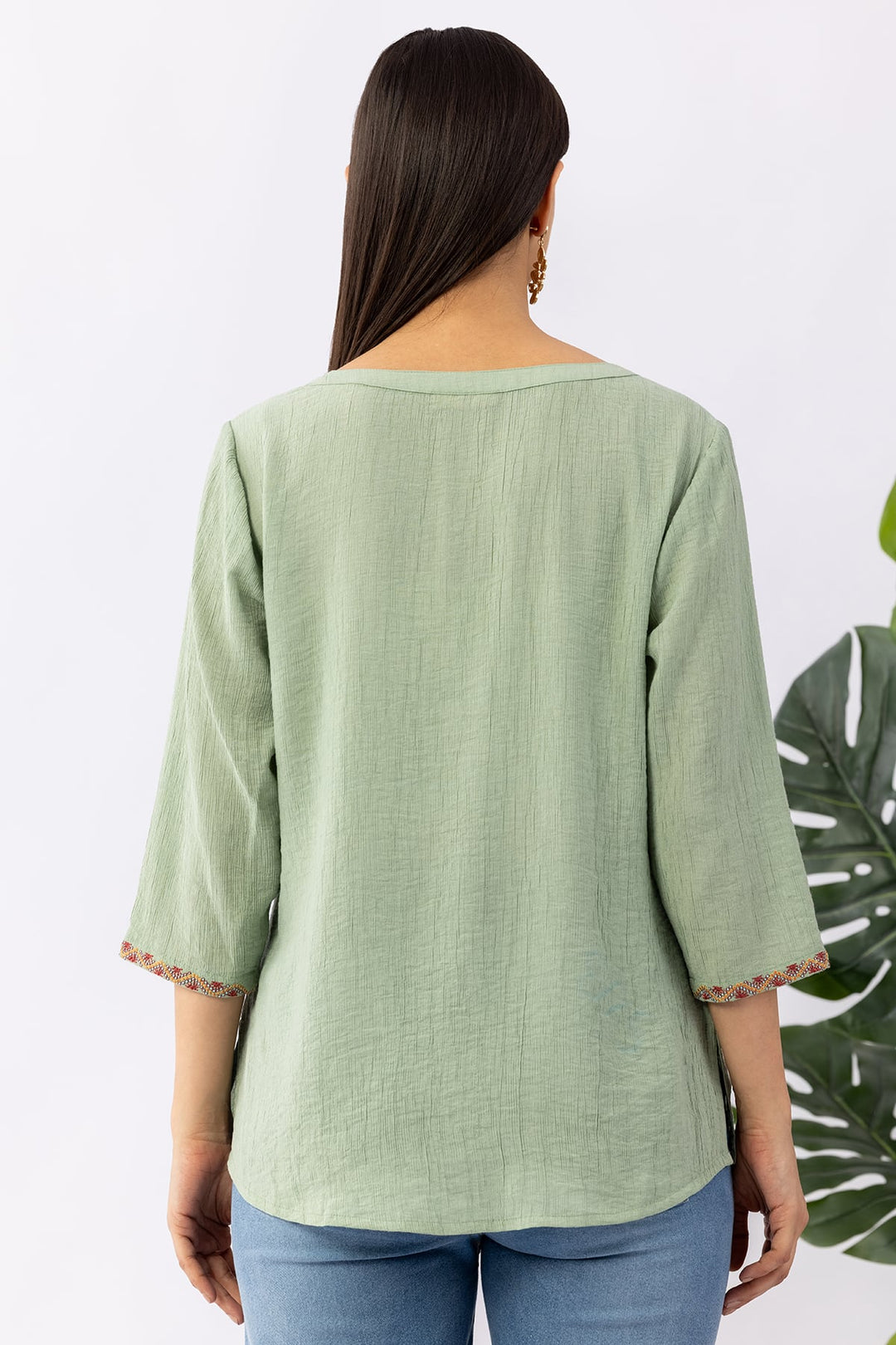 Pista Green Embroidered Top with Round Neck &amp; 3/4 Sleeves