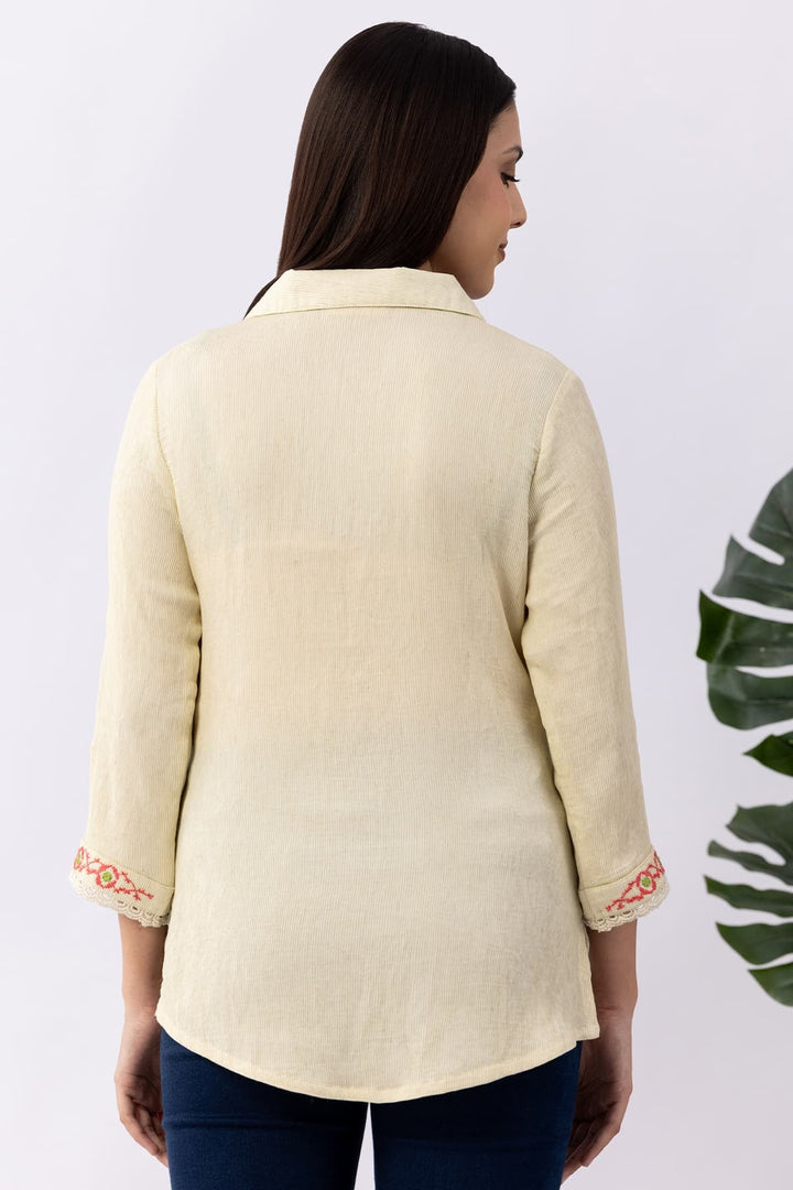 Embroidered Cream Viscose Top with Collared Neck &amp; 3/4 Sleeves