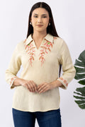 Embroidered Cream Viscose Top with Collared Neck & 3/4 Sleeves