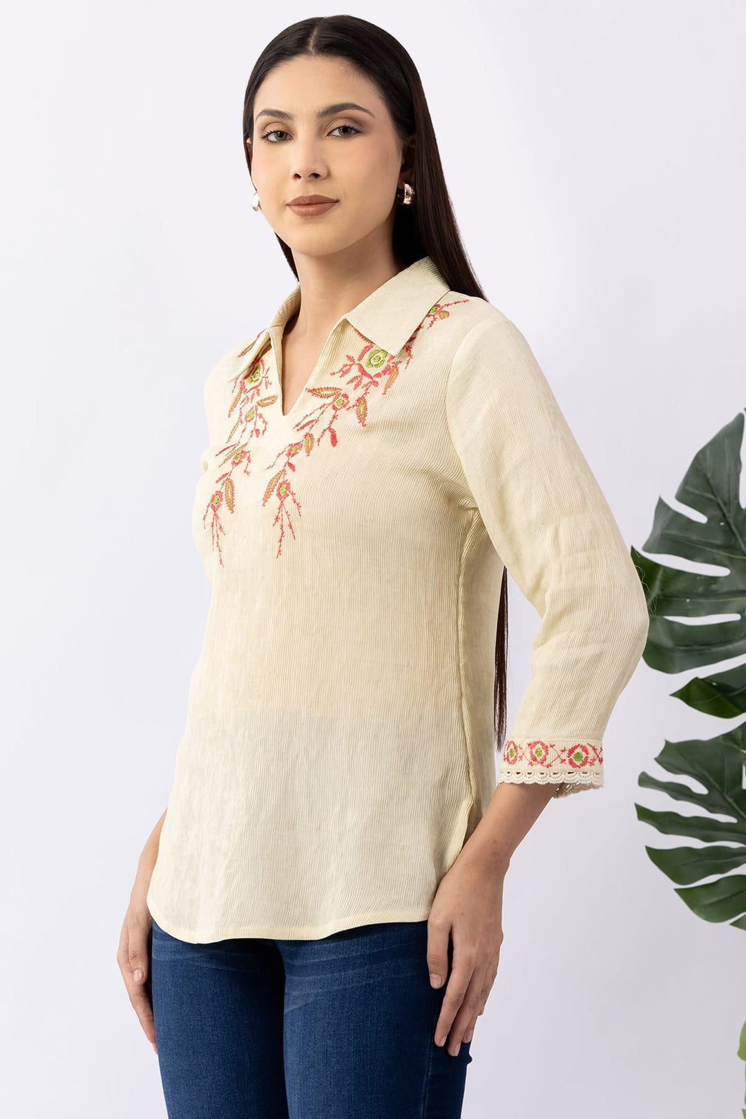 Embroidered Cream Viscose Top with Collared Neck &amp; 3/4 Sleeves