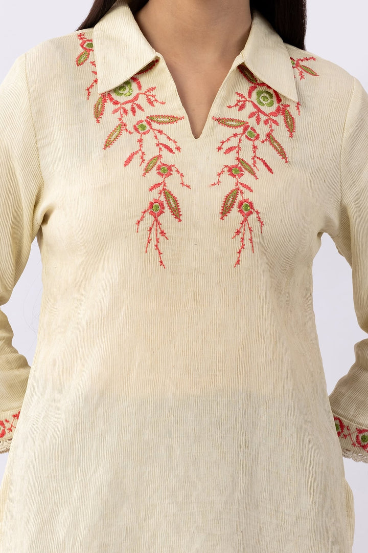 Embroidered Cream Viscose Top with Collared Neck &amp; 3/4 Sleeves
