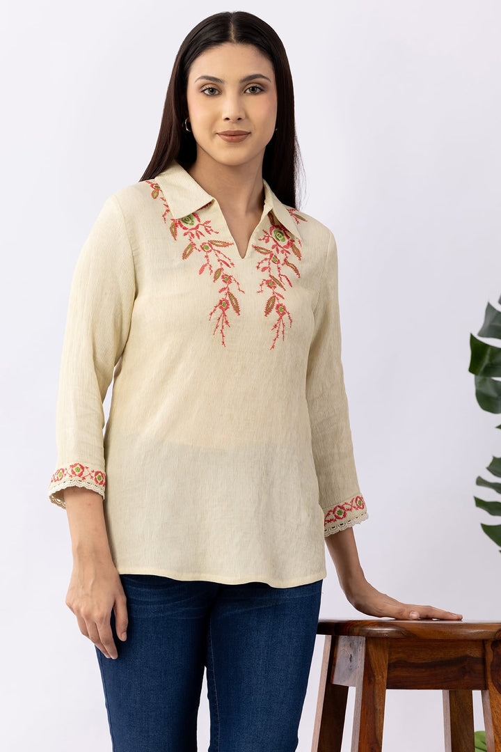 Embroidered Cream Viscose Top with Collared Neck &amp; 3/4 Sleeves