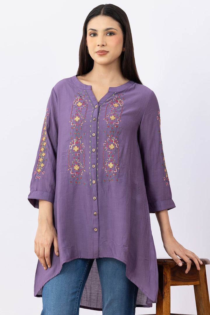 Embroidered Purple Viscose Tunic with Round Neck &amp; 3/4 Sleeves