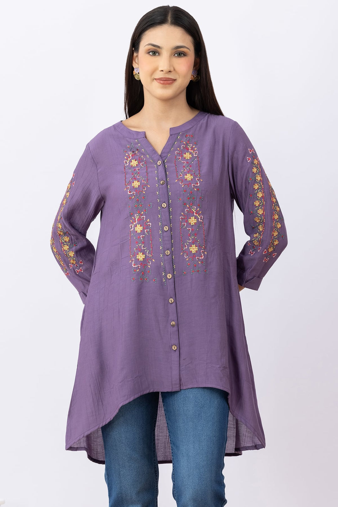 Embroidered Purple Viscose Tunic with Round Neck &amp; 3/4 Sleeves