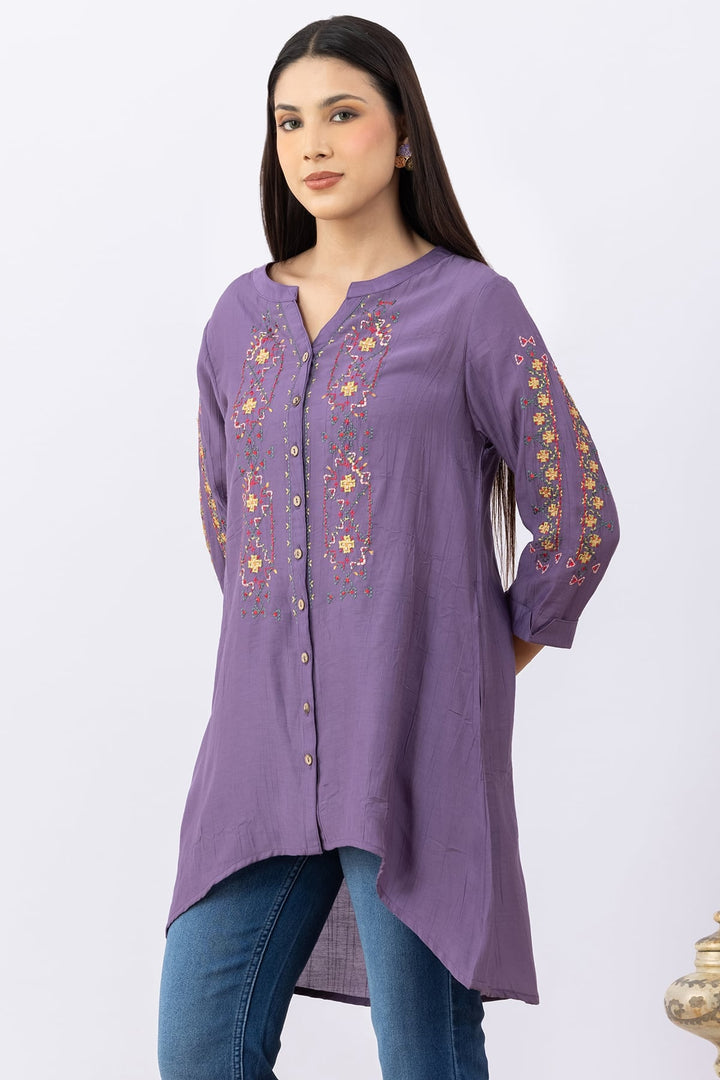Embroidered Purple Viscose Tunic with Round Neck &amp; 3/4 Sleeves