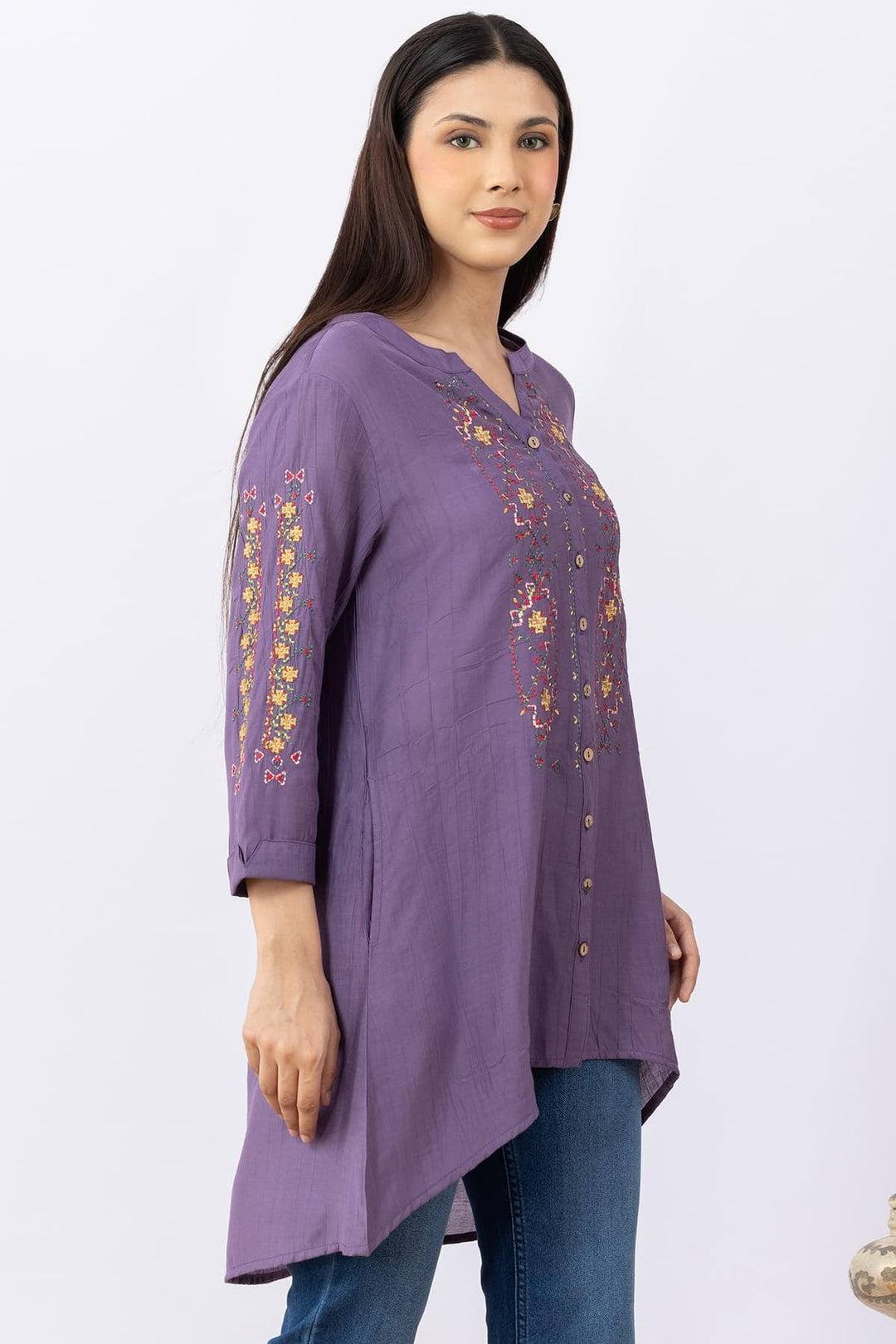 Embroidered Purple Viscose Tunic with Round Neck &amp; 3/4 Sleeves