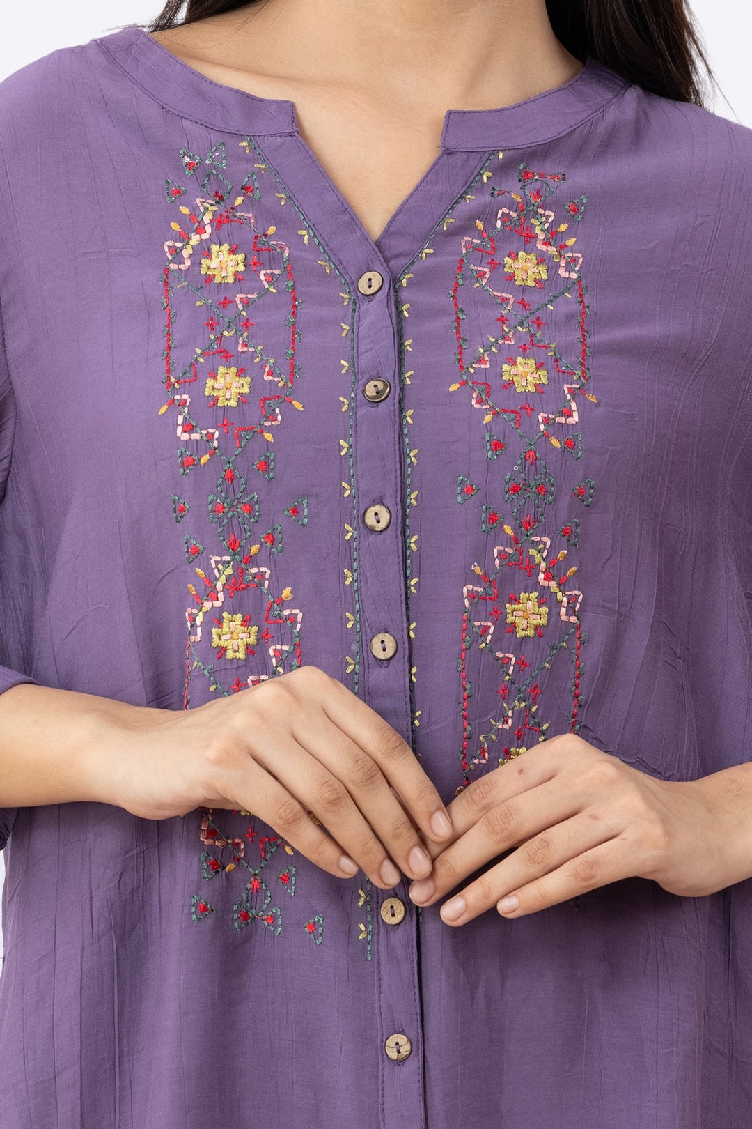 Embroidered Purple Viscose Tunic with Round Neck &amp; 3/4 Sleeves