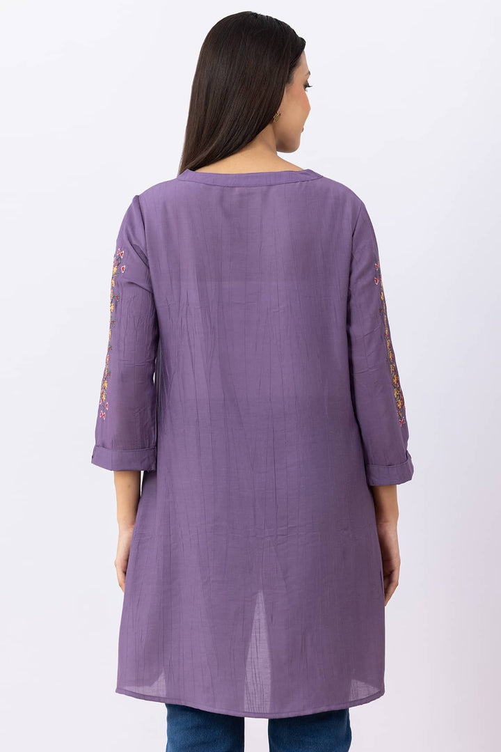 Embroidered Purple Viscose Tunic with Round Neck &amp; 3/4 Sleeves