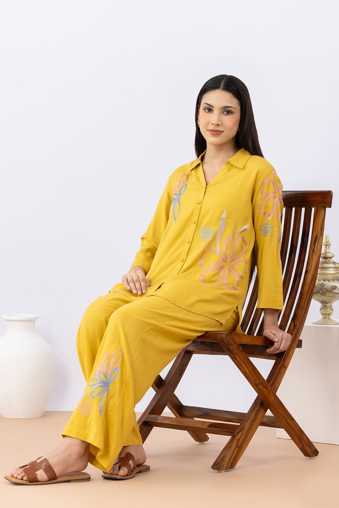 cotton co ord set for women mustard embroidered